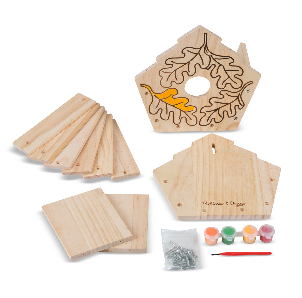 Build your own wooden birdhouse, includeds wooden sides and roof, screws, and paint and paint brush.