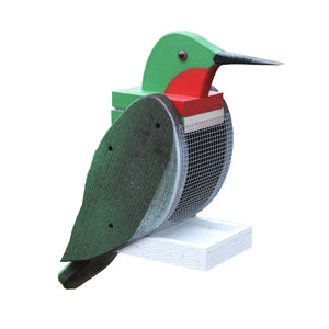 Large wooden birdfeeder painted to look like a hummingbird.