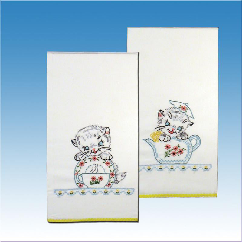 Cats and teacups embroidery towel sets
