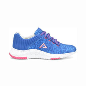 Blue, pink, and white shoe side view