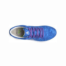 Blue, pink, and white shoe top view