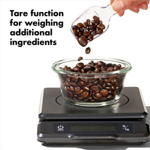 Measuring coffee beans on food scale