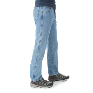 Stonewashed Wrangler jeans.