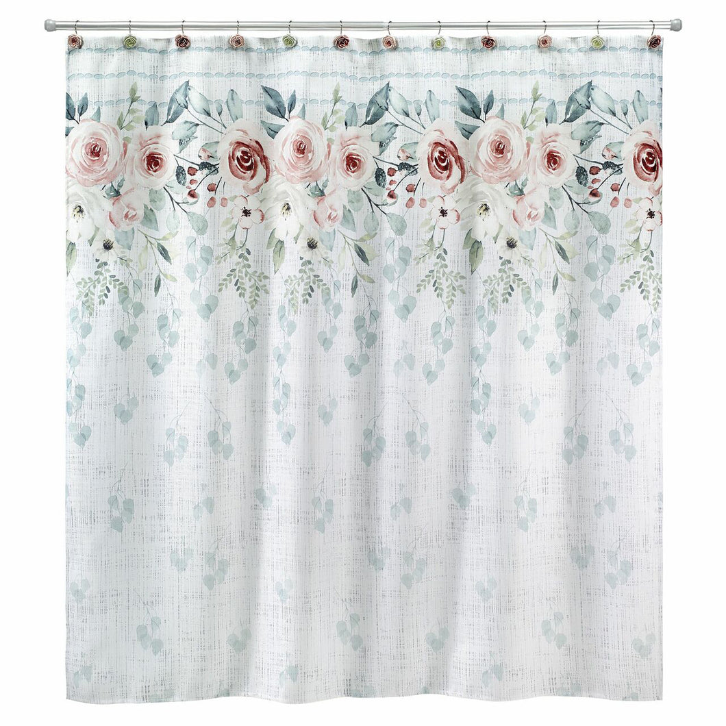 Shower curtain with pink flowers