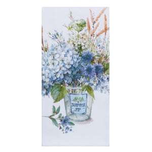 BOHEMIAN BLUE BOUQUET DUAL PURPOSE TERRY KT with a painting of a flower pot with the words "let life surprise you."