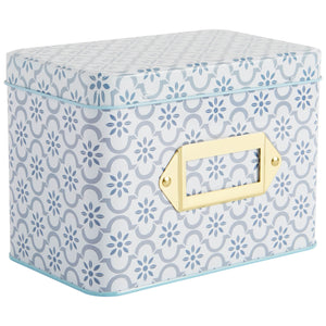 TIN RECIPE BOX TRUE BLUE diagonal pattern gold label holder