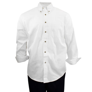 Men's cotton twill white long sleeve dress shirt with brown buttons